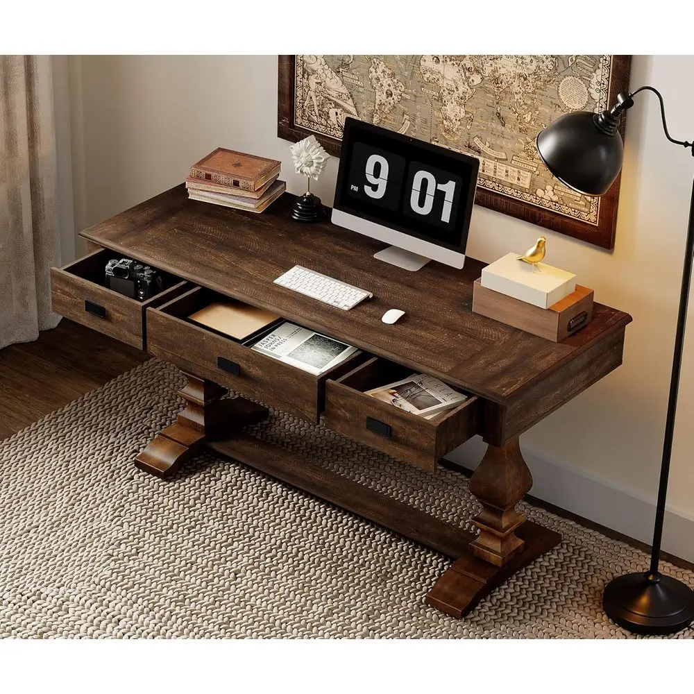 60 Vintage Walnut Executive Desk with Solid Wood Legs, Rustic Style, Deep Drawers, Power Outlets