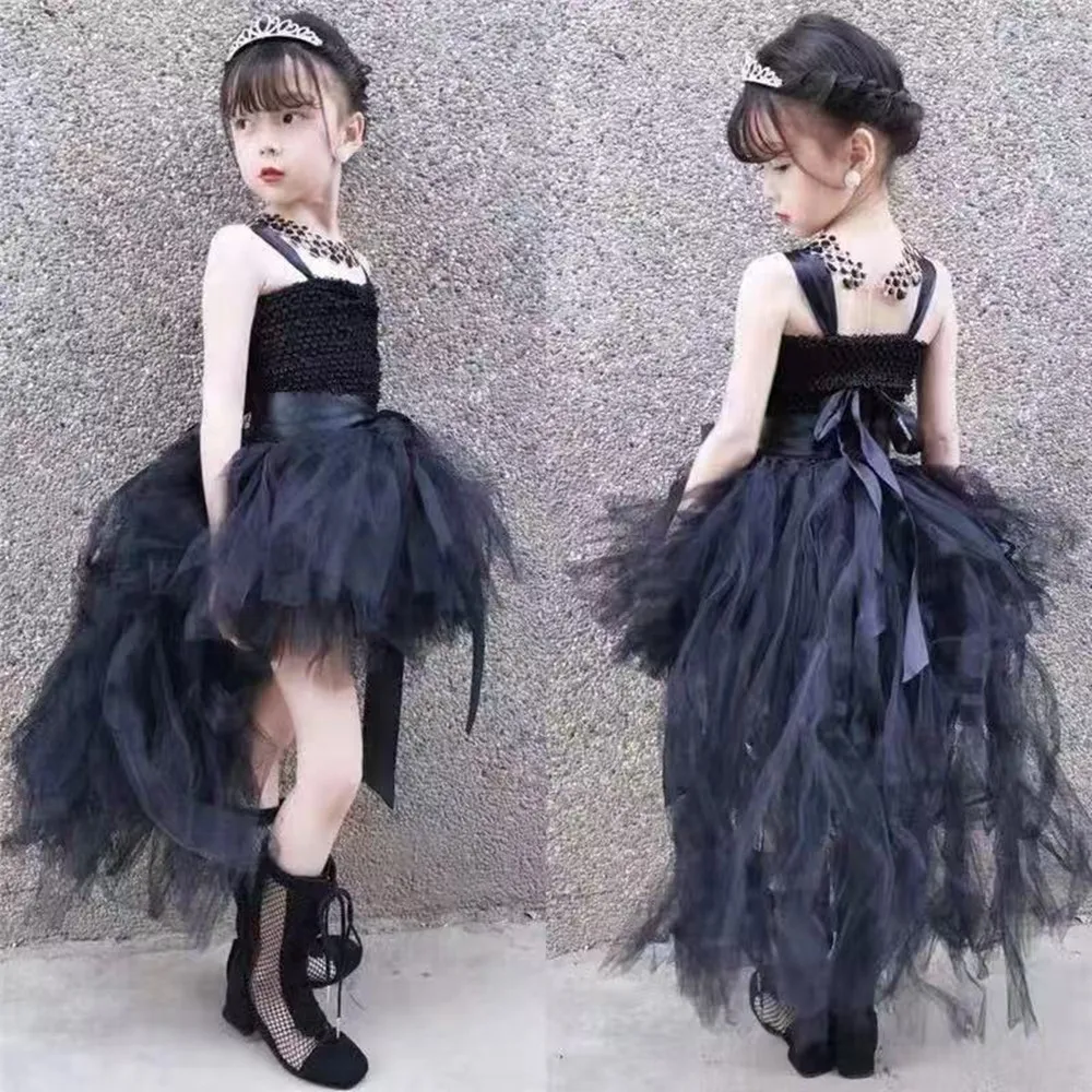 

2025 Summer Girls Elegant Goth Dresss Black Sleeveless Tutu Dress Backless Off Shoulder Party Kid Dresses 1-12 Years Old