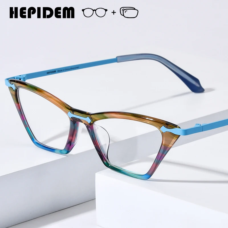 HEPIDEM Myopia Prescription Eyeglasses Anti Blue Progressive Optical Lens Eyewear Women Acetate Cat Eye Glasses 9379