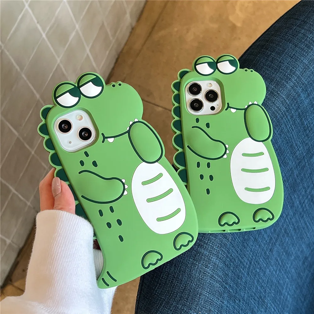 Cute Green Animals Silicone Phone Case for iPhone 15 14 13 12 11 Pro Max Xr Xs Max X 8 7 6 Plus Shockproof TPU Rubber Back Cover