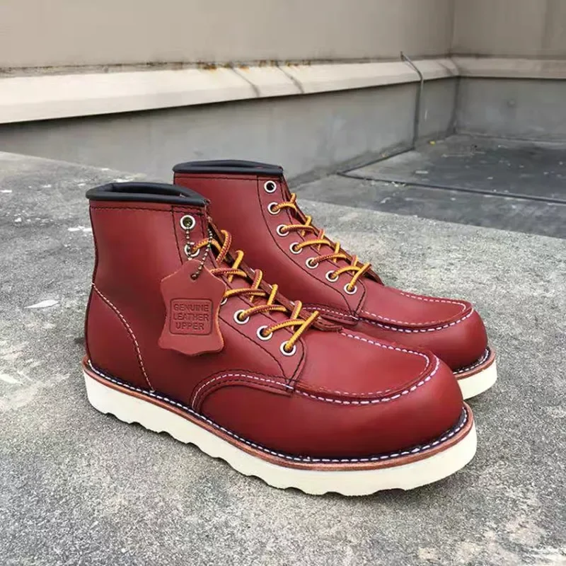 New Red Luxury Designer Handmade Vintage Men Shoes High Quality Cow Leather Ankle Boot Goodyear Welted Wings Motorcycle Boots