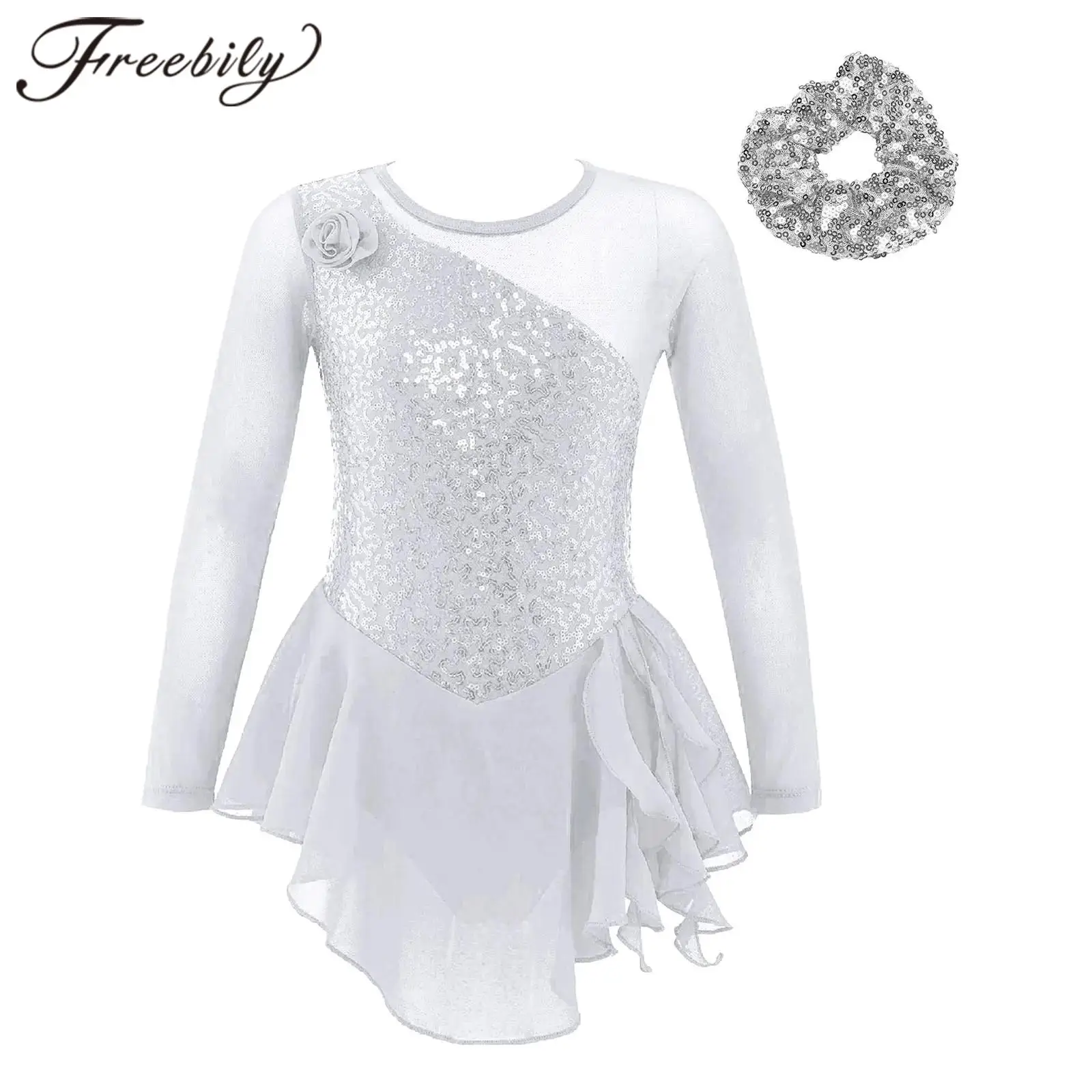 Floral Figure Ice Skating Dress Children Girls Cutouts Back Long Sleeves Sequin Ballet Gymnastics Leotard Ballroom Dance Costume