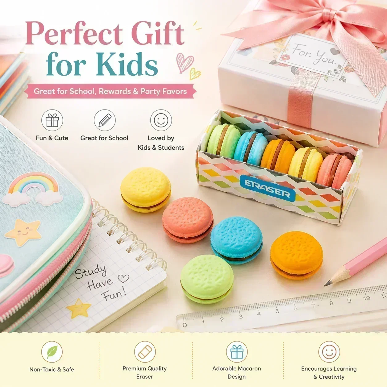 Creative Macaron Cookie Eraser, Cute Sandwich Eraser for Elementary Students, Fun Stationery Gift for Children