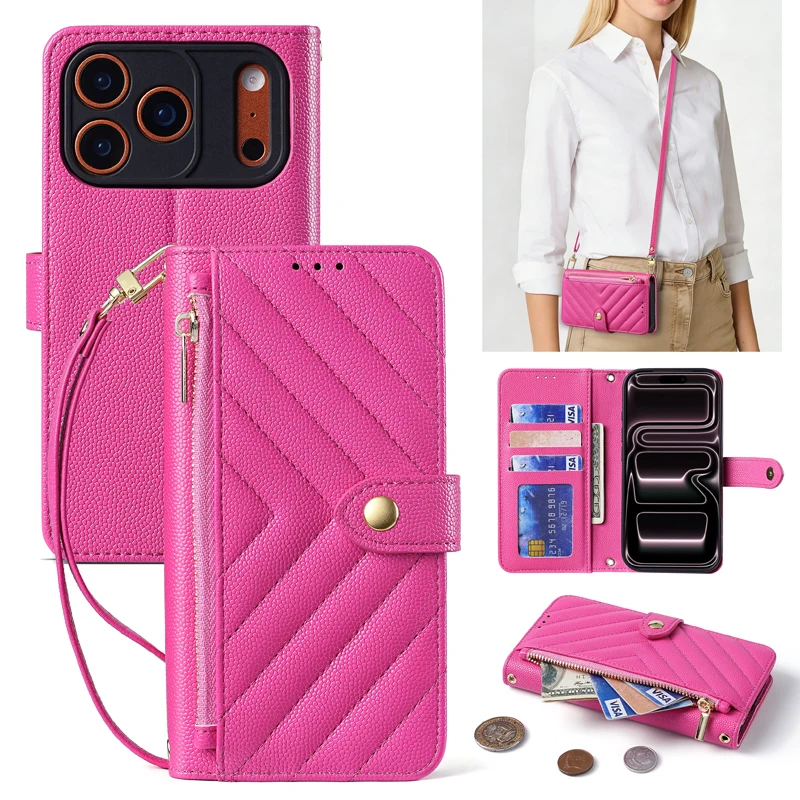 Crossbody Zipper Cards Solt Wallet Flip Leather Case For iPhone 17 Pro Max 16 Plus 15 14 13 Book kickstand Lanyard Bag Cover