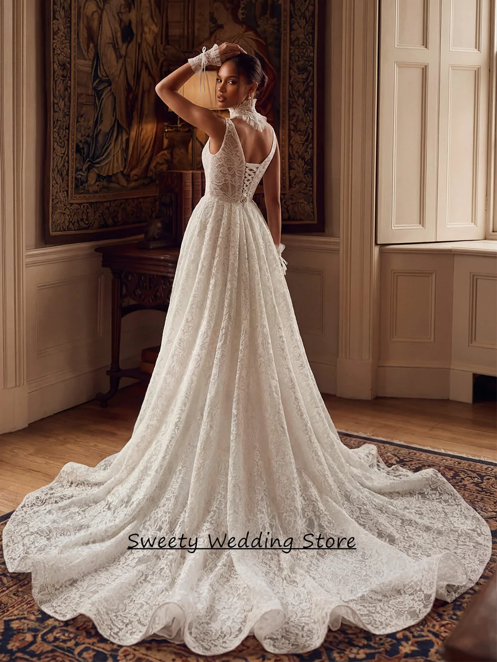 Customized Corset Wedding Dress Lace Bridal Gown Sexy Sleeveless Square Neck Court Train A Line Woman Bride Dresses