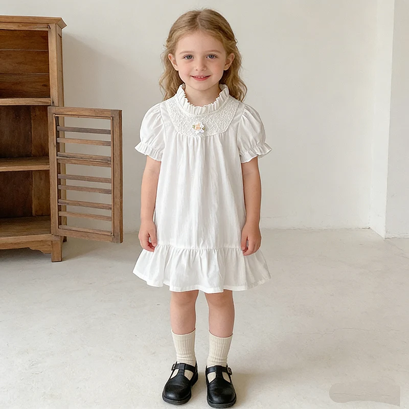2026 New Summer Kids Princess Dresses Short Sleeved Cotton Splicing 0-6Yrs Baby Girl Birthday Party Dress Sister Clothing