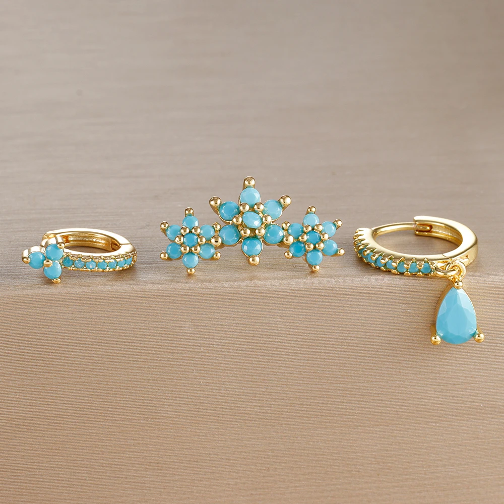 3PCS Flower Pendant Stainless Steel Earrings Set for Women Blue Zircon Water Drop Hoop Earring Aesthetic Piercing Jewelry Gifts