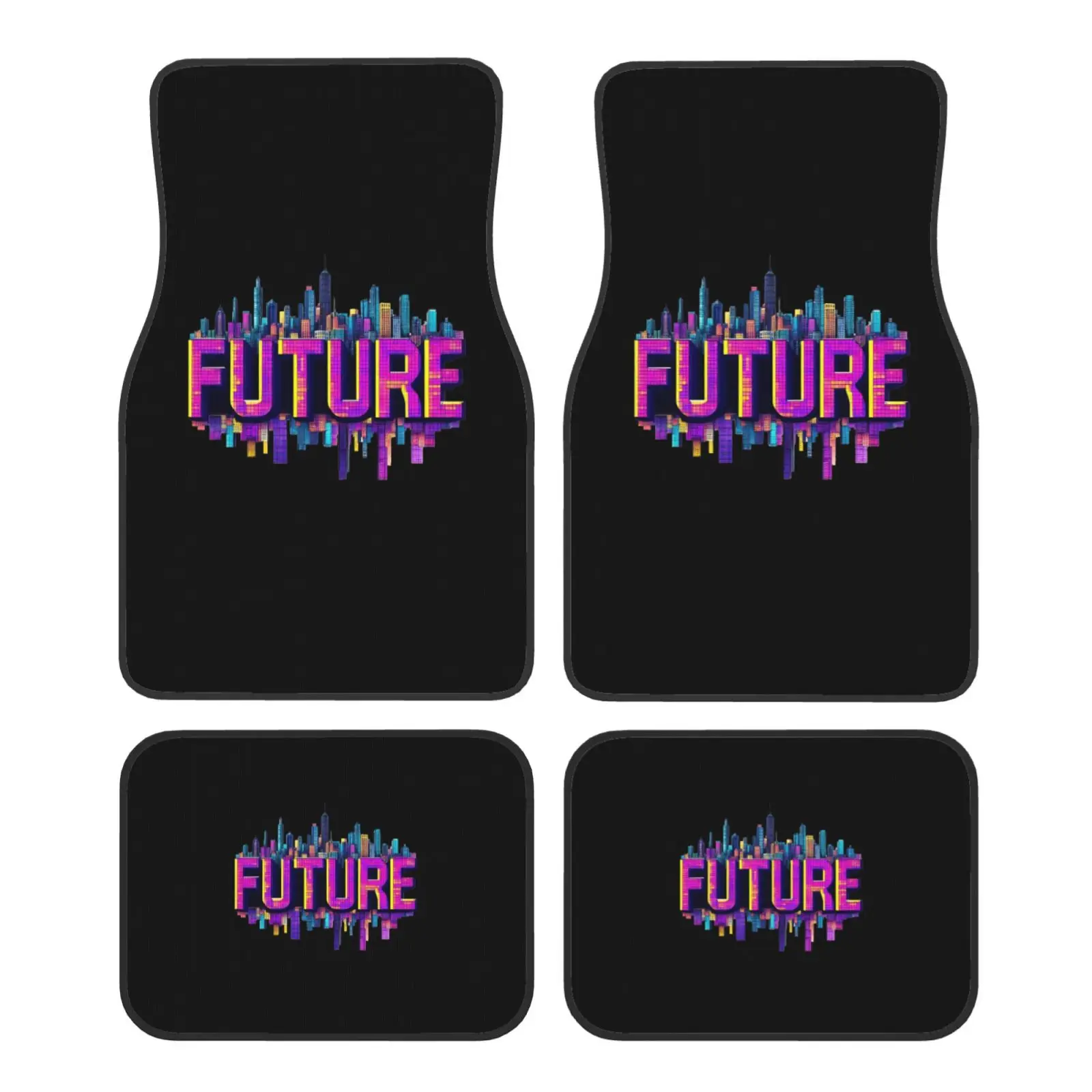 Future City Pattern Car Floor Mats of 4 Pieces Anti Slip Front and Rear Foot Mats Universal Car Accessories for SUV Van Truck