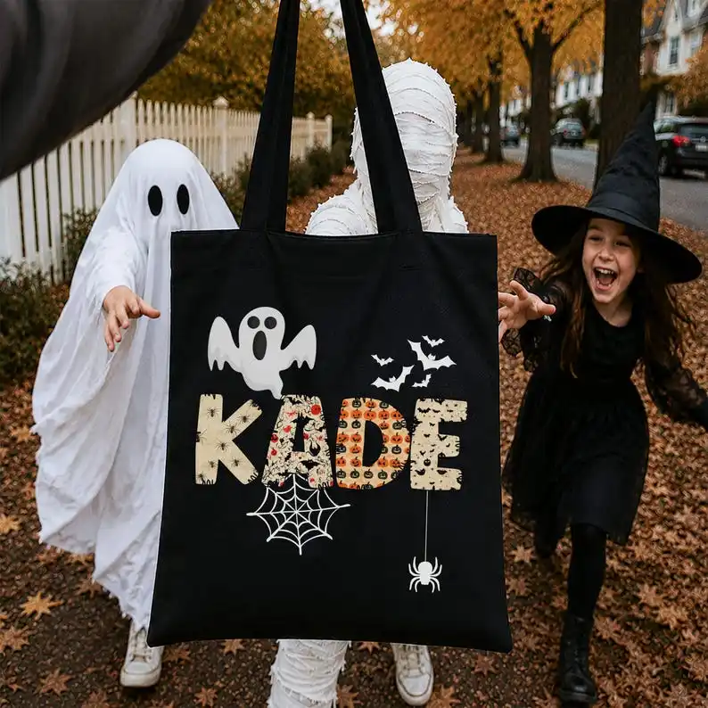 Retro Custom Name Halloween Canvas Bag 10pcs Personalized Trick‑or‑Treat Candy Tote Bag Eco-friendly Goodie Basket For Holiday