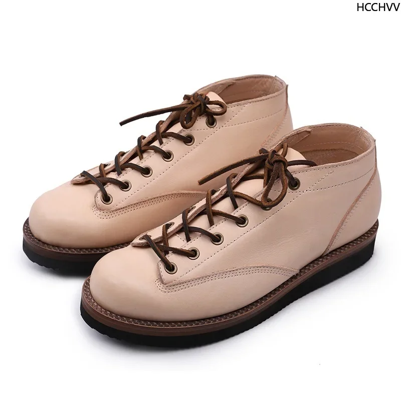 Spring Autumn Lacing Ankle Low Men Boots White Cowhide Genuine Leather Goodyear-welted Large Men Designer Shoes