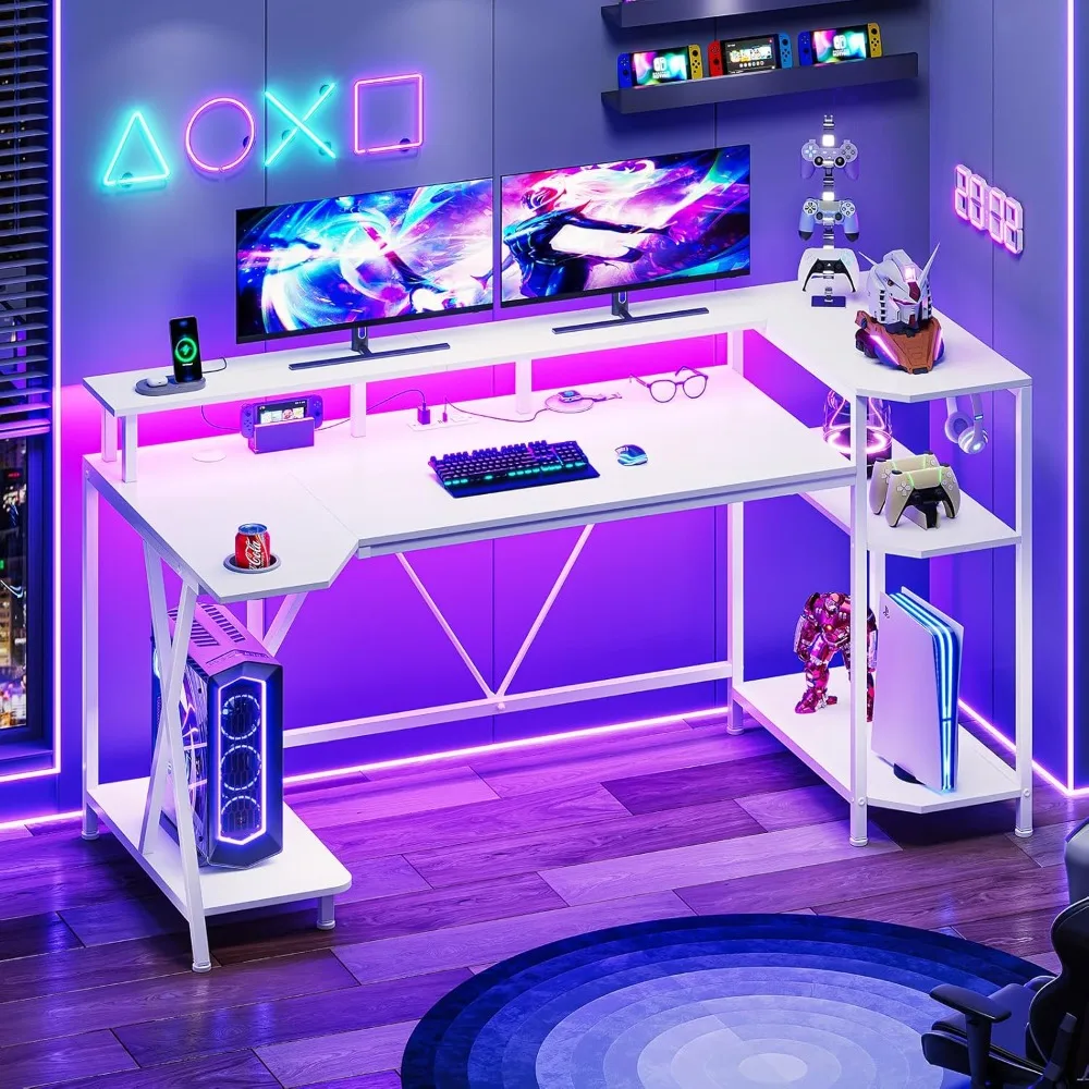 طاولة ألعاب بيضاء مقاس 55 بوصة مع أضواء LED ورف تخزين، ومكتب كمبيوتر مع حامل شاشة، ومنفذ طاقة وحامل أكواب