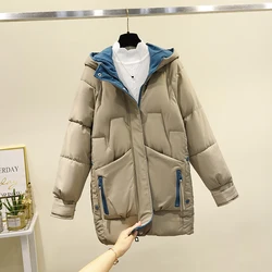 2025 Women's Winter Down Cotton Coat Mid-Length New Slim Chic Padded Jacket Thick Warm Parkas Hooded Vintage Outerwear Female