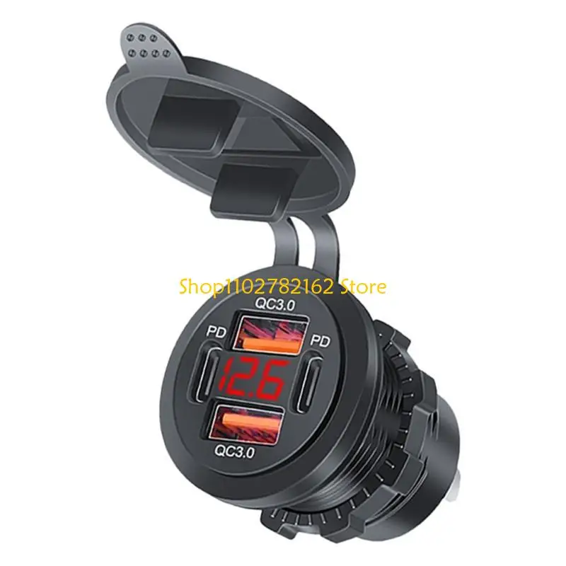 

547B Car USB Charging Socket with Waterproof Caps Voltmeter 12V-24V USB Port for Marine Double QC3.0+Double PD Type-C Outlet