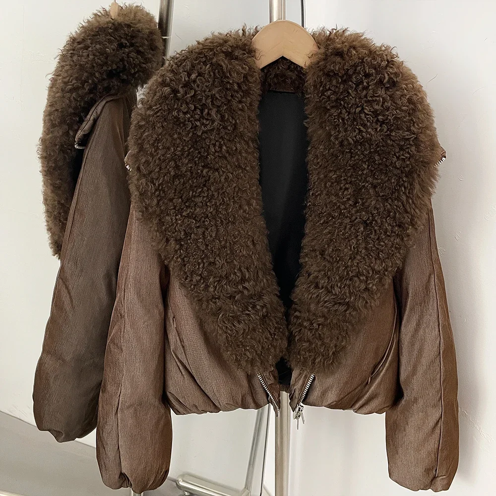 OFTBUY Shiny Zipper Duck Down Jacket Female Warm Outerwear Winter Real Lamb Fur Collar Coat Women Cropped Loose Puffer Coat