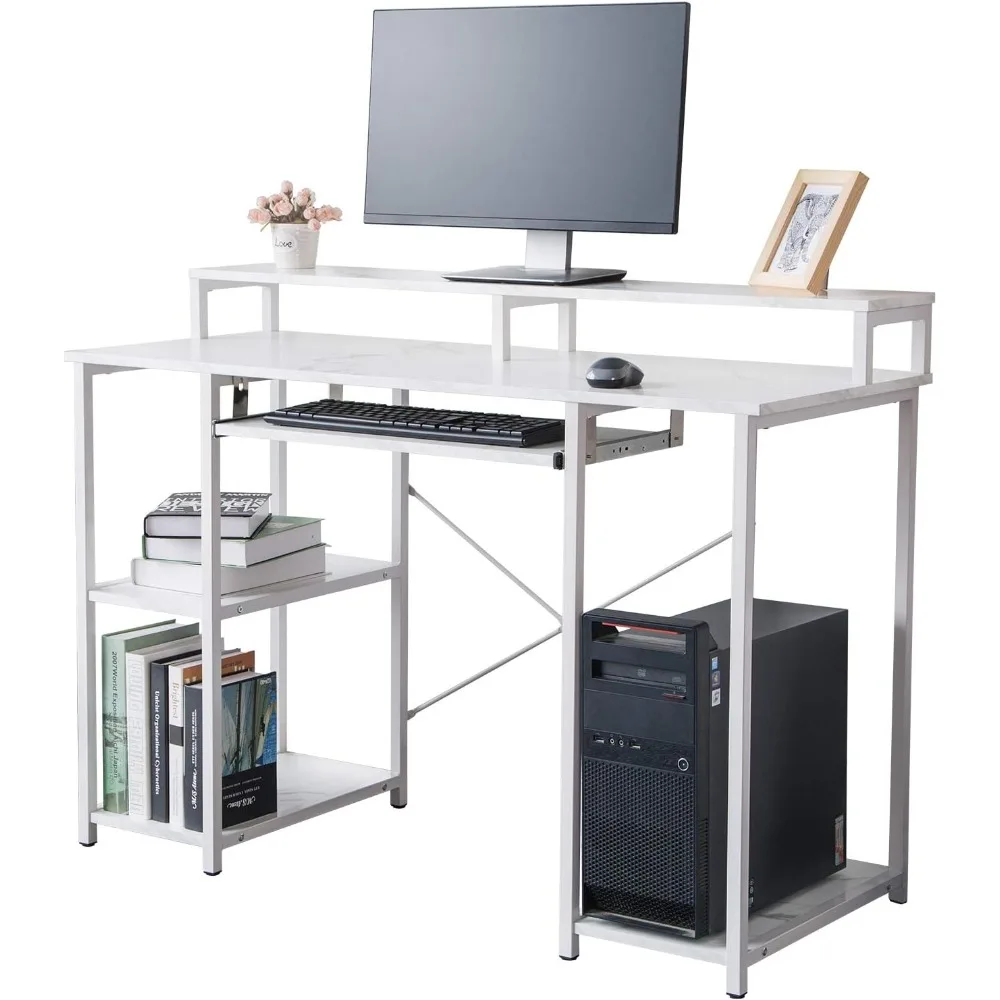 

Compact Computer Desk with Storage Shelves/Keyboard Tray/Monitor Stand Study Table for Home Office (White marble texture