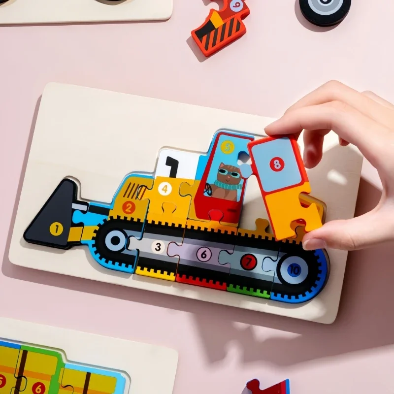 Montessori Wooden 3D Puzzle Animal Vehicle Shape Matching Blocks Sensory Learning Jigsaw Educational Toy Gift for Kids 1-3 Years