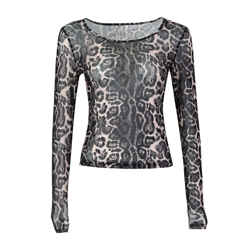 Women Leopard Print See Through T-Shirts European Style Sheer Long Sleeve Tops Nightout Breathable Slim Outfit Casual Clubwear