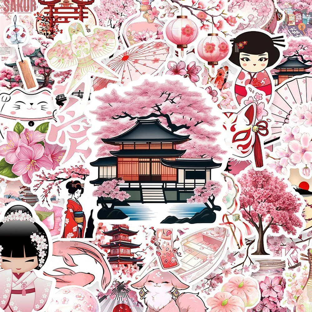 

10/30/50pcs Pink Japanese Sakura Aesthetic Stickers Cartoon Cherry Blossoms Culture Sticker Scrapbook Luggage Phone Decals Decor