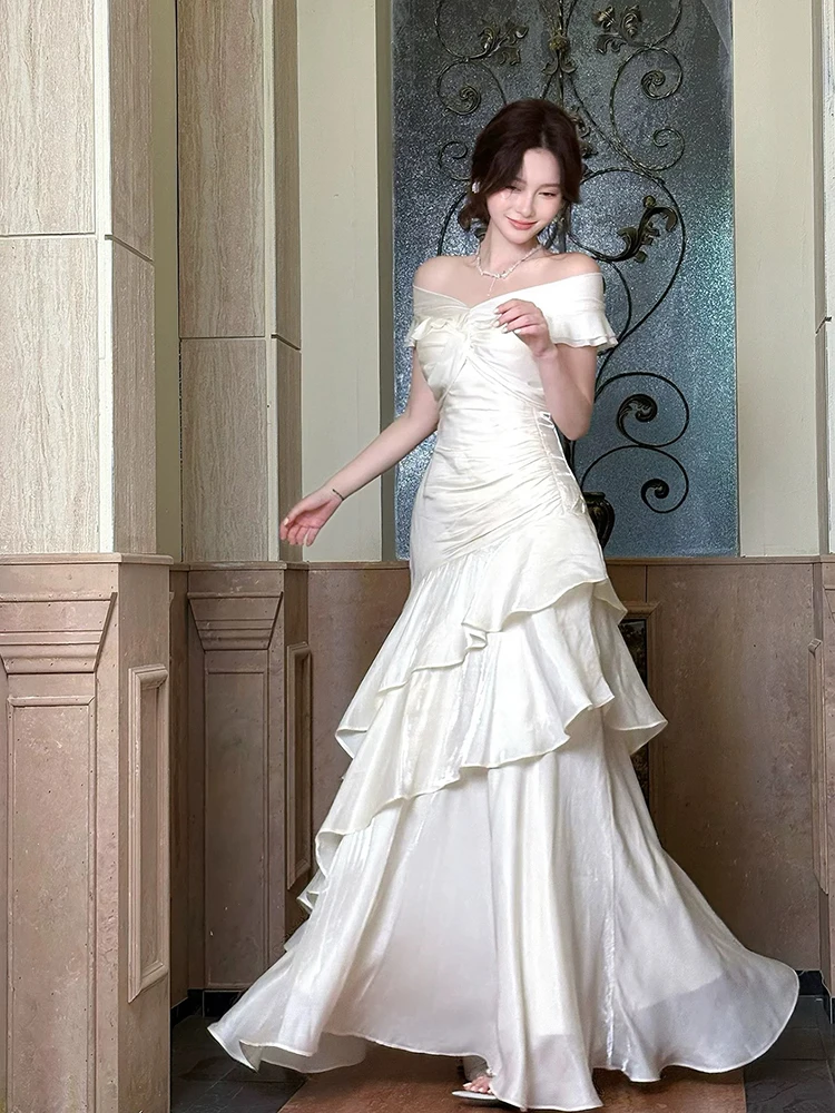 French Elegant Long Dress Women Fashion Ruffles Slash Neck Slim Mermaid Dresses Female Aesthetic Sleeveless Trumpet Vestidos New