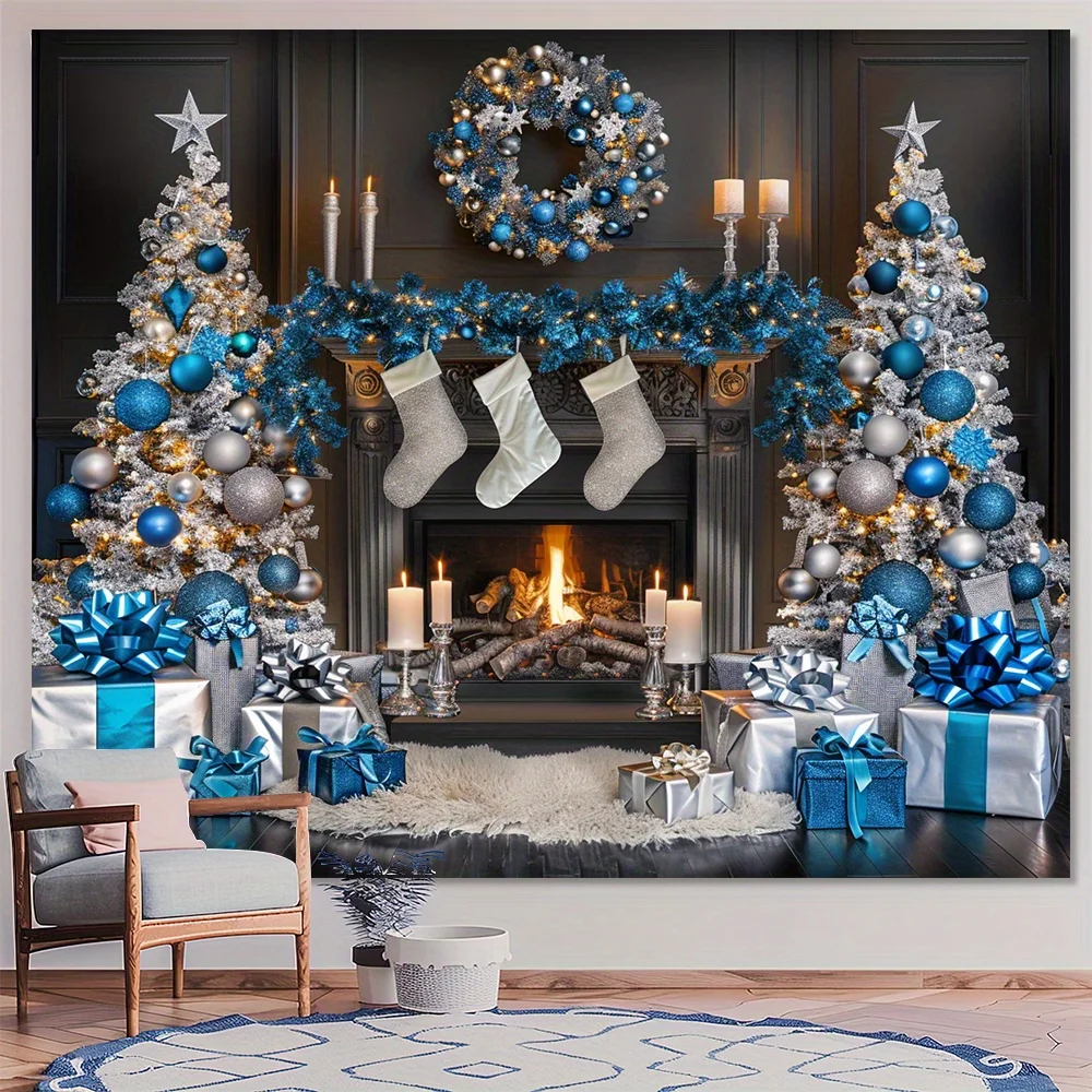 Blue and white Christmas fireplace toy gift box, Christmas tree background cloth, party decoration background props