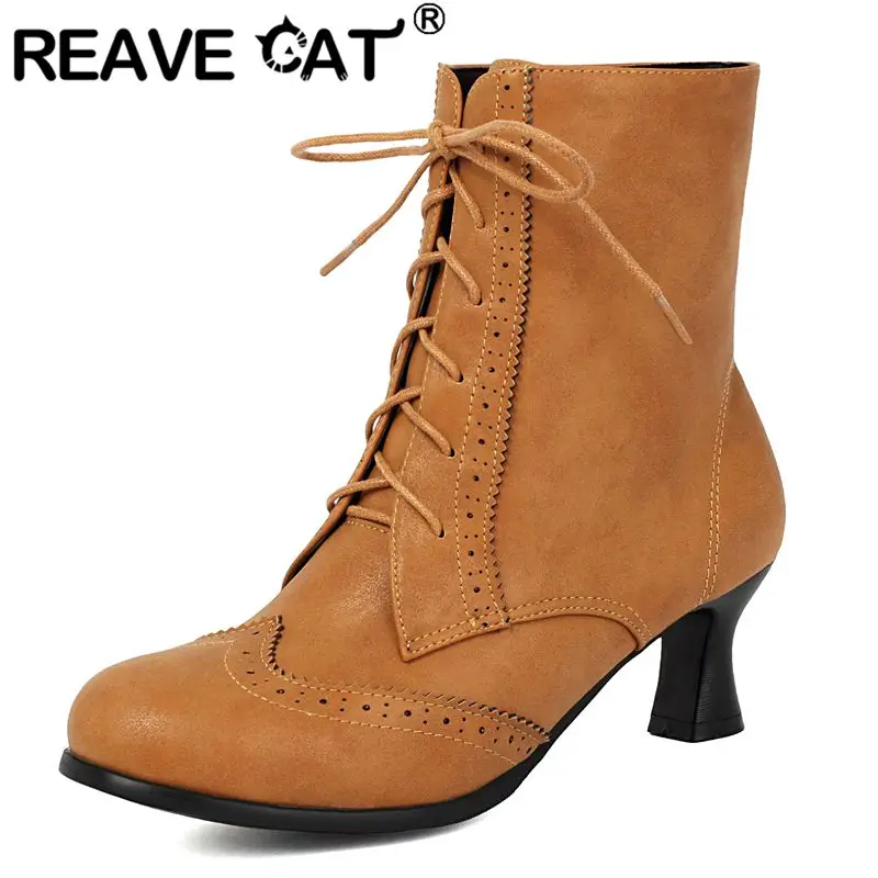 

REAVE CAT Women Mid Calf Boots Round Toe Strange Heels 5.5cm Lace Up Plus Size 41 42 43 Vintage Office Lady Booties Yellow Brown