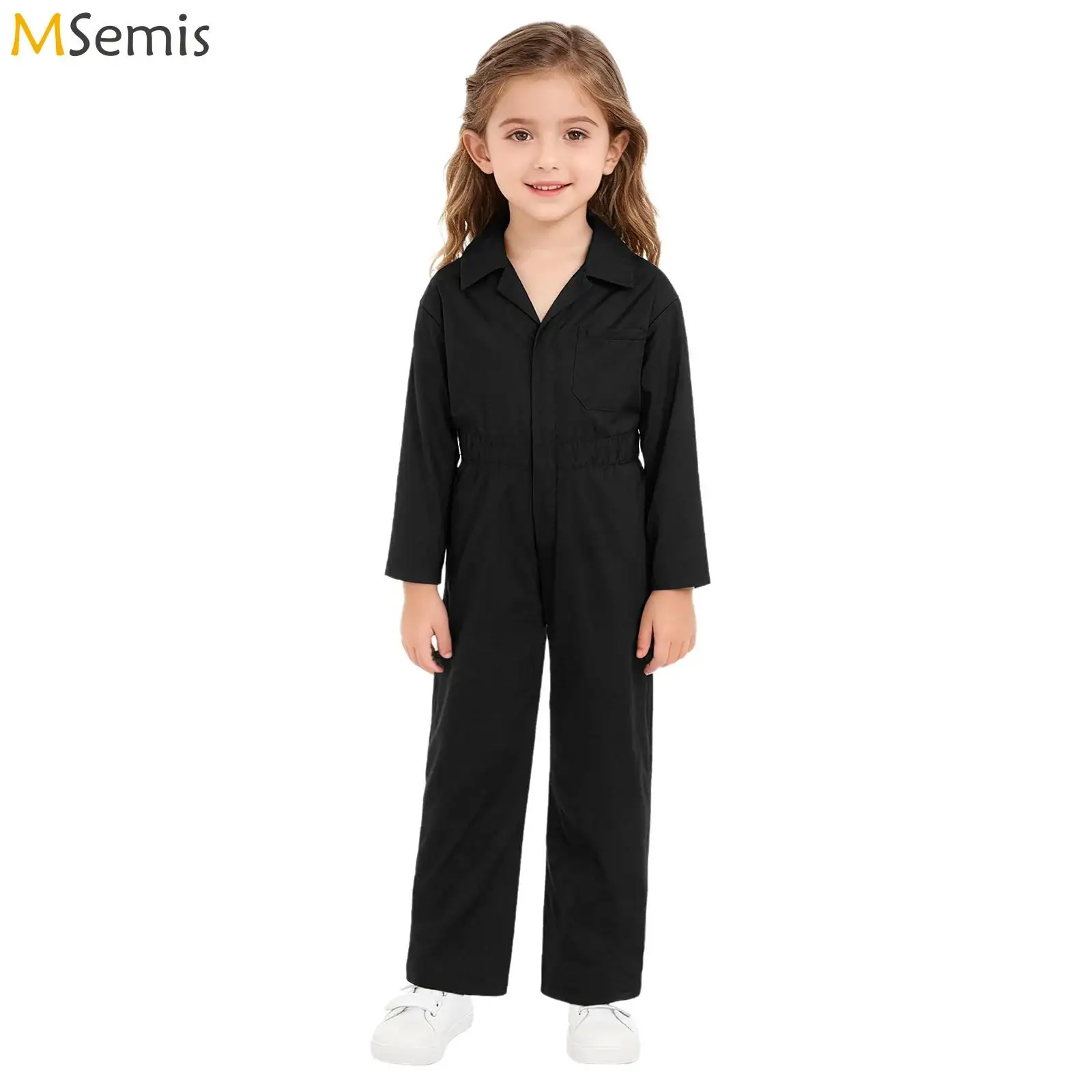 

Long Sleeve Cargo Coverall with Pockets for Girls Boys Flightsuit Boiler Suit Cosplay Costume Zipper Front Solid Color Bodysuit
