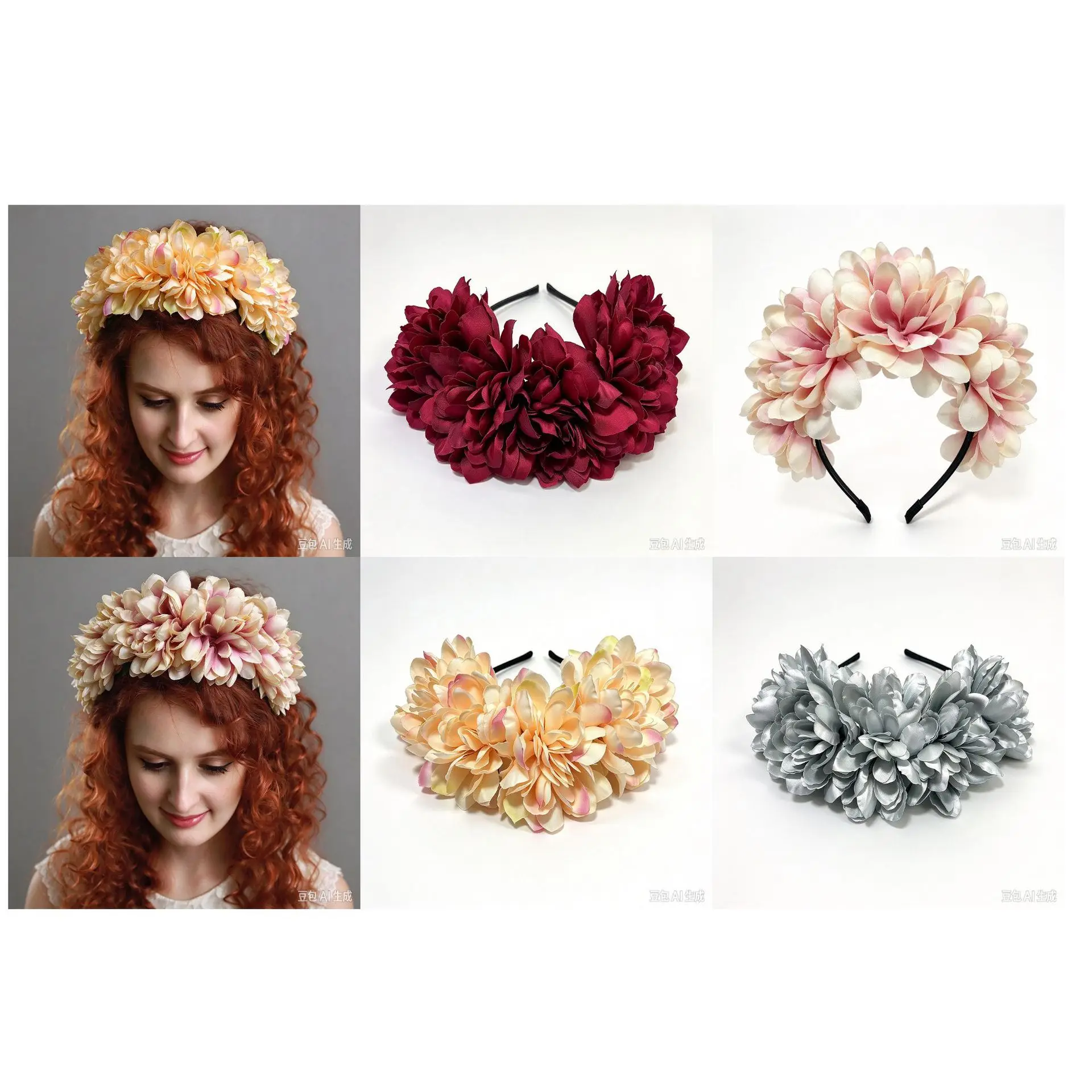 Large Flower Headband Women Floral Crown Simulation Silk Flower Hair Hoop for Wedding Travel Party Photo Props 2