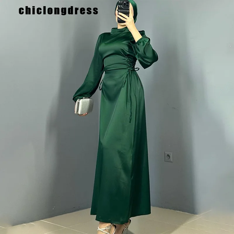 

Spring Summer Fashion Satin Dress Muslim Women Elegant Luxury Solid Lace Up A-line Dress Women