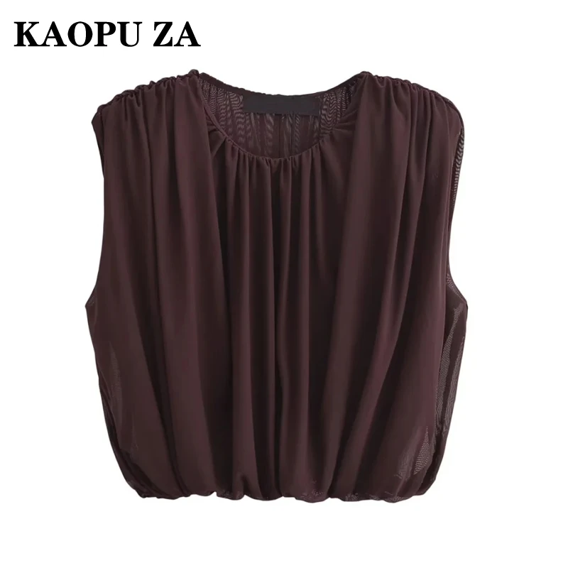 KAOPU ZA 2024 New Summer Women's Chic mesh Cropped Blouse top women O Neck Fashion Tops Casual Shirts