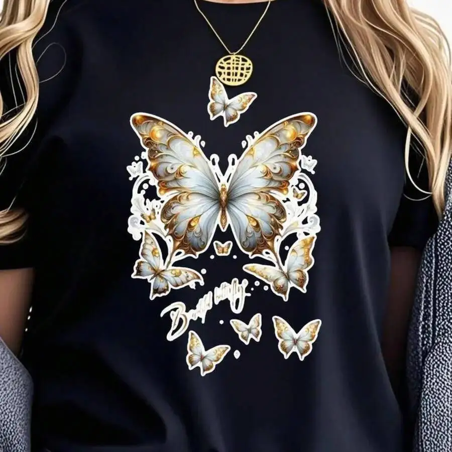 [Graphic Tee] 100% Cotton Women's Size Butterfly Print T-ShirtBreathable Short Sleeve Round Neck Casual Tee With Vibrant Butterf