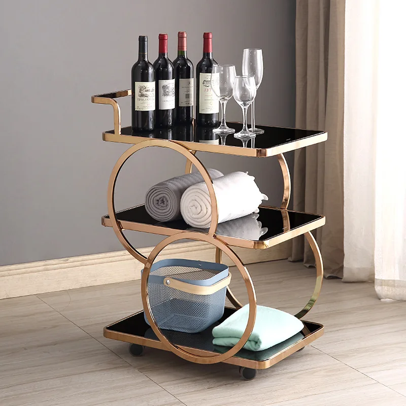 Modern Stainless Steel Serving Cart Tempered Glass Bar Cart With Wheels For Wedding Hotel Party Banquet Dining Room Furniture