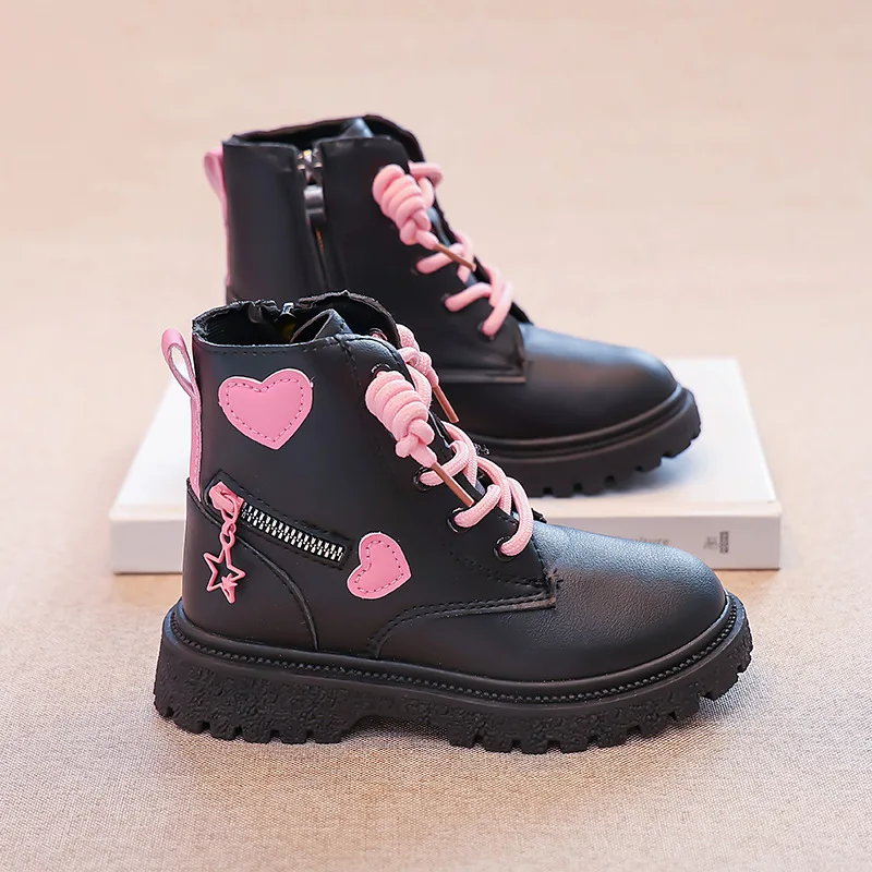 Girls Boots Kids Fashion Rubber Boots Cool Girl Autumn and Winter Cotton Soft Sole Pink with Love Side Zip Princess Round-toe