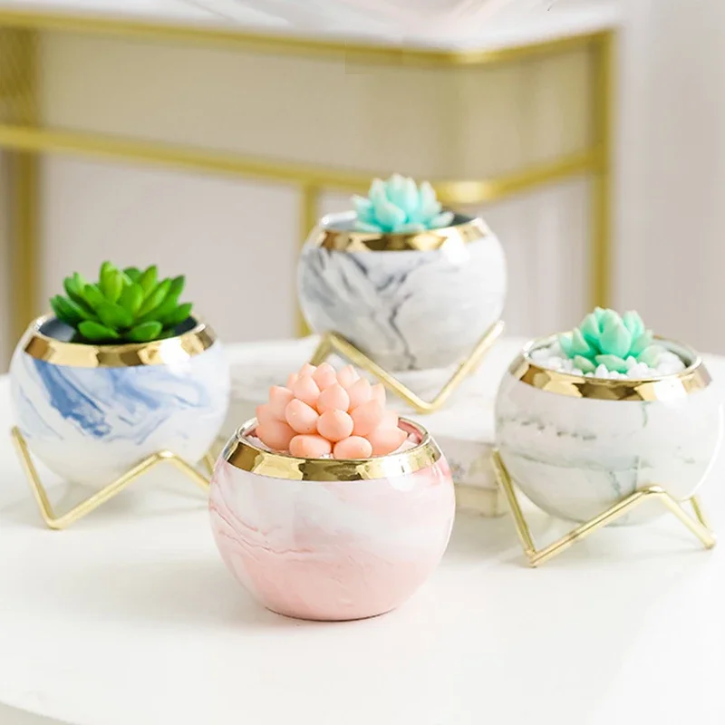 Nordic Creative Small Succulent Flower Pots Marble Pattern Gold Plant Pot Stand Ceramic Ball Flower Pots Home Decor Wholesale