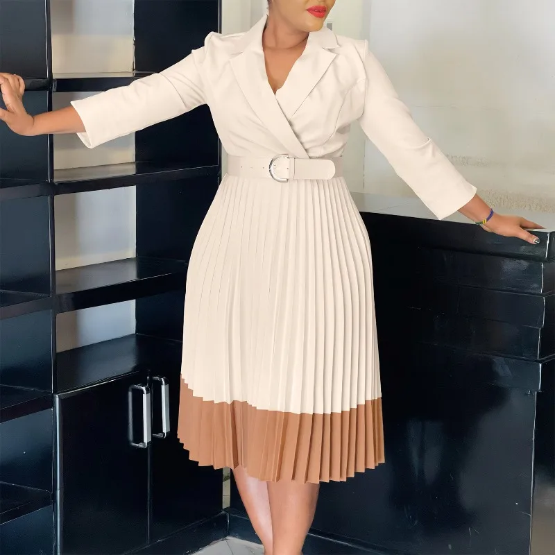 

Women's Spring Suit Collar Fashion Color Matching OL Elegant Pleated High Waist Dress