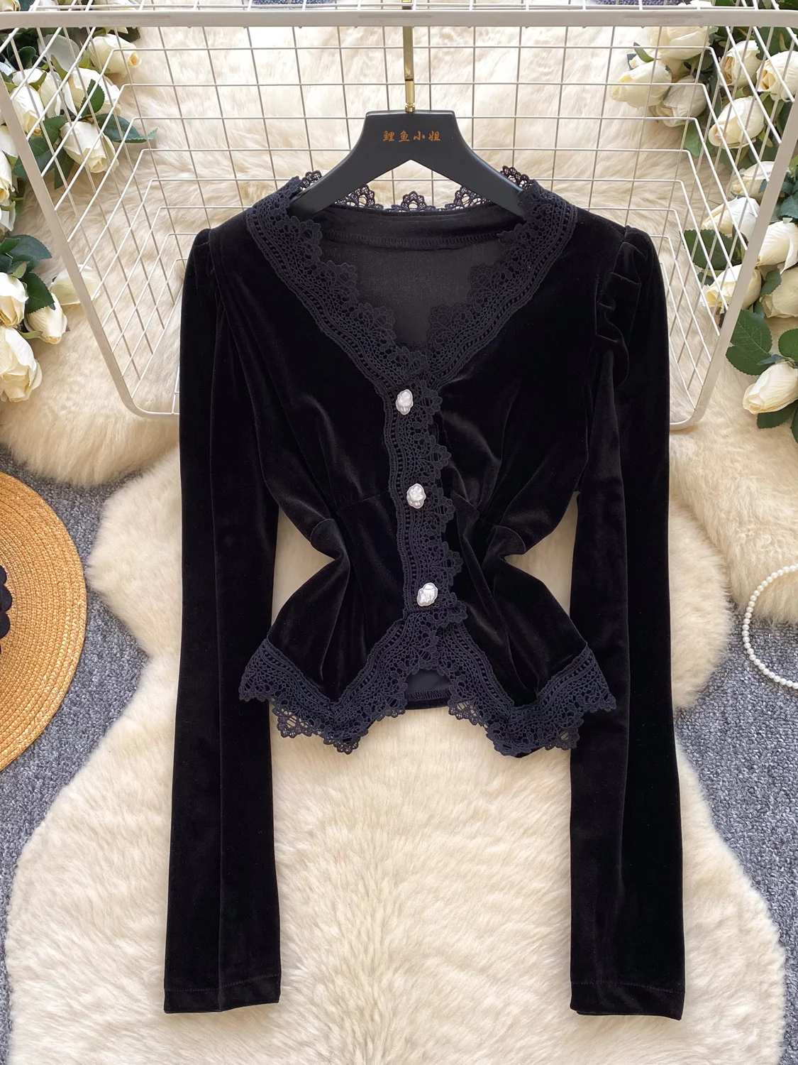 Kardigan damski z aksamitu, z koronkowym wykończeniem, rozpinany, długi, luźny, z perłowymi guzikami, wyszczuplający, w stylu koreańskim...