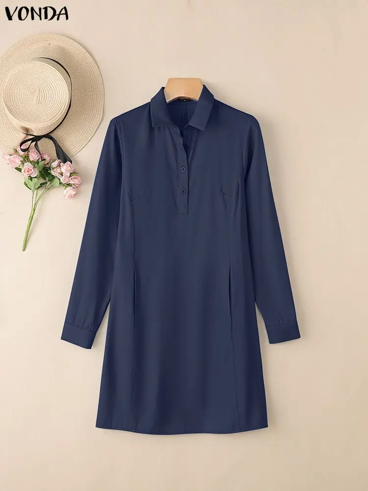 

Плюс размер VONDA, модные женские платья-рубашки, осень 202, повседневный сарафан с длинными рукавами и пуговицами, элегантное офисное женское мини-платье 5XL