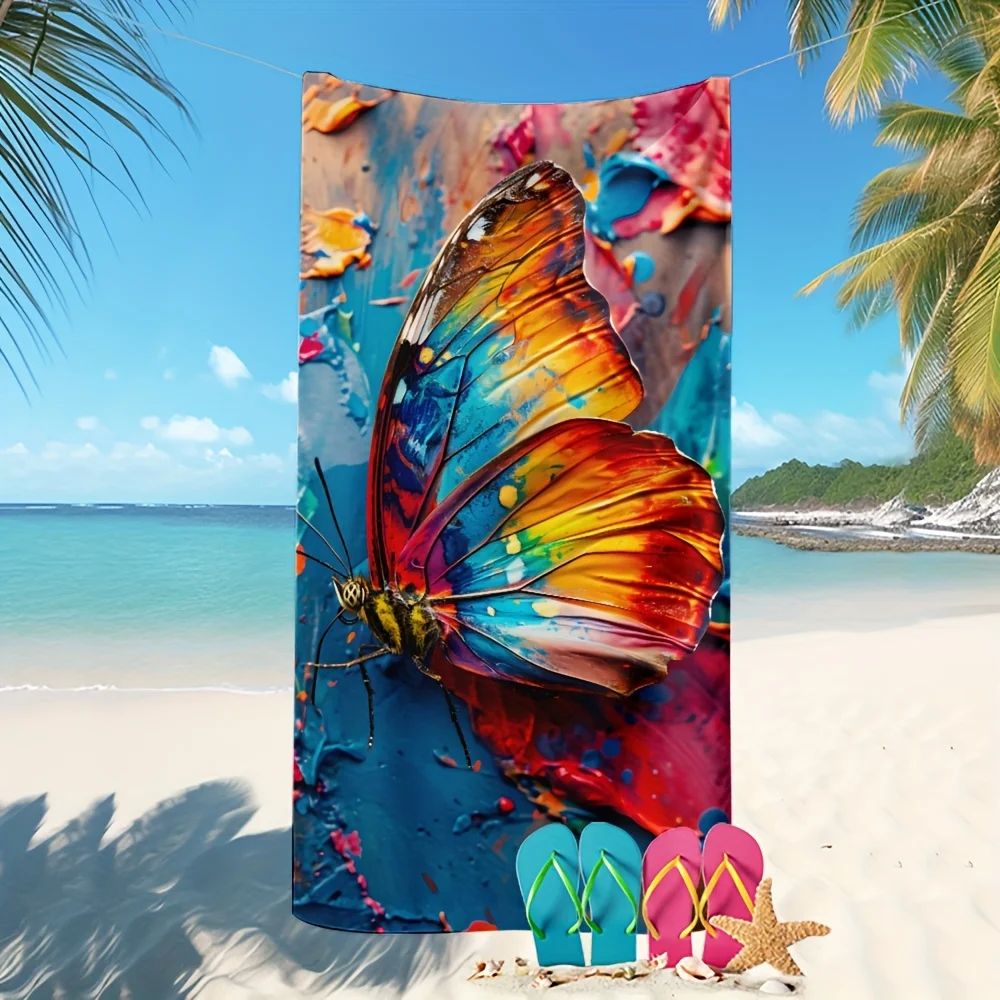 Colorful Butterfly Beach Towel, Oil Painting Style Butterfly Print Oversized Bath Towel, Dry Artistic Summer Beach Blanket