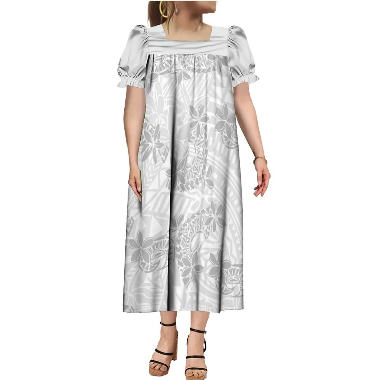 

New Summer Women'S Mumu Dress Mother'S Day White Dress Hawaiian Polynesian Square Neck Puffy Sleeve Dress