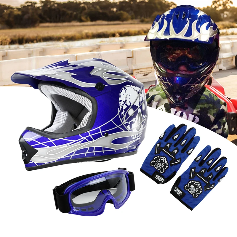 

DOT Youth Blue Dirt Bike Full Face Offroad Motocross ATV Helmet Goggles+Gloves S/M/L/XL