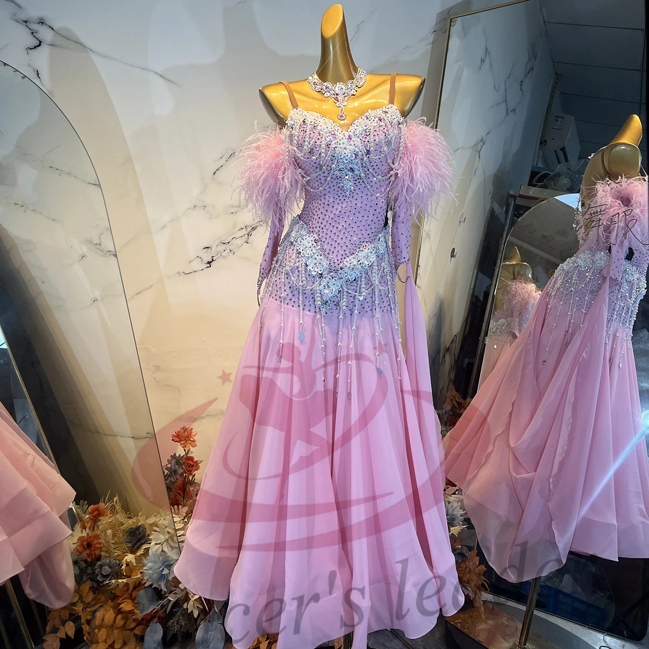 Latin Dance Adult And Children'S Dress With Rhinestones, High-End Customized Bead Chain, Large Skirt, Tango Women'S Clothing