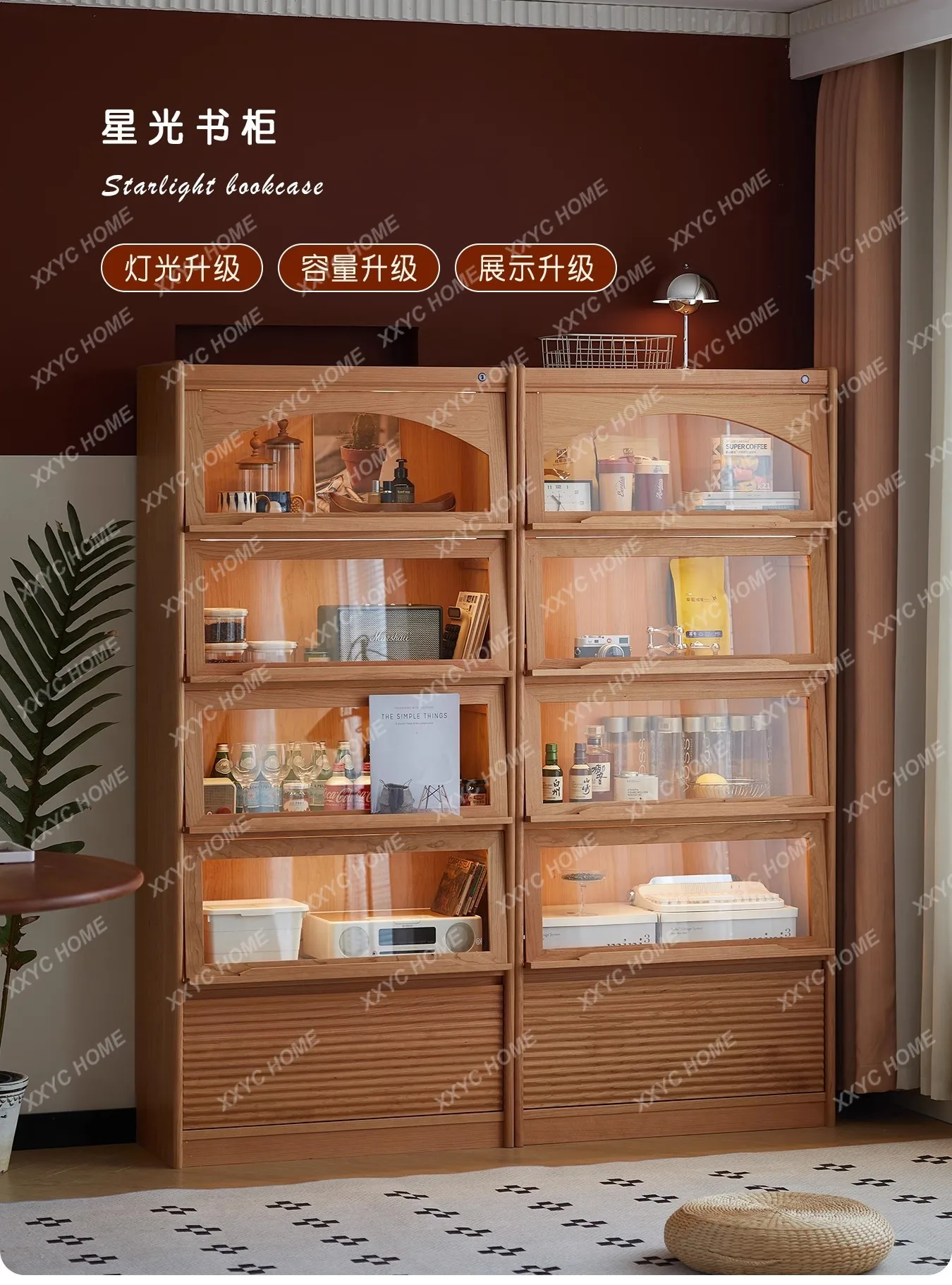 

X40 Cherry Wood Solid Wood Bookcase Floor-to-ceiling Bookshelf Glass Display style Living Room Dining Side Cabi
