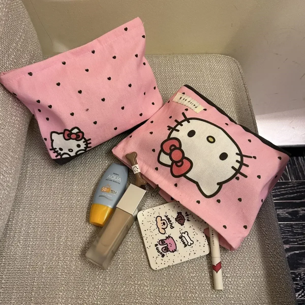 Hello Kitty-Pochette en toile Mininstants pour filles, impression double face, fermeture éclair, sac de rangement cosmétique polyvalent, grande capacité