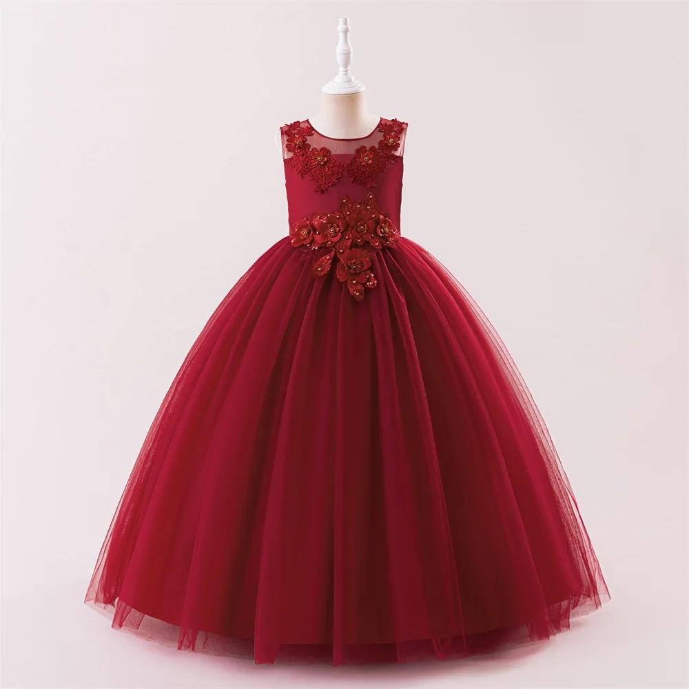 Mädchen Blumen-Pailletten Ärmelloses Stickerei-Kleid 4-14 Jahre Alt Kinder Besticktes Schleifenkleid aus Tüll Langes Kleid