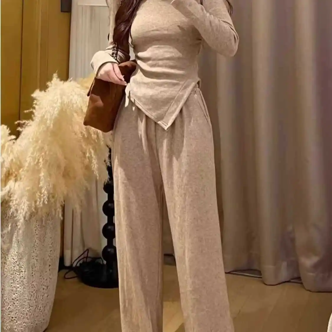 عارضة تنوعا المرأة سليم صالح أعلى قيعان مجموعة عالية الخصر بنطال ذو قصة أرجل واسعة ربيع الخريف المألوف قطعتين الزي #5