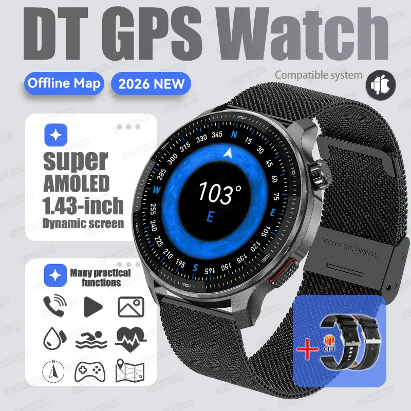 2026Nieuwe Tactische Sport Smartwatch Mannen Ingebouwde GPS Offline Kaart 4GB Geheugen 10ATM/IP69K Waterdicht Zwemmen Militray Smart Bracele