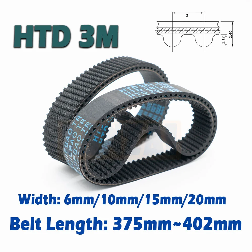 

HTD3M Length 375~402mm Rubber Closed Loop Timing Belt Width 6/10/15/20mm CNC 375 378 381 384 387 390 393 396 399 402mm 3M Drive