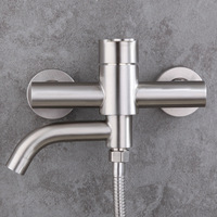 Stainless Steel Bathtub Shower Faucet Triple Valve Wall Mounted Swivel Spout Mixer Tap 2 Function Outlet Long Nozzle Water Tap