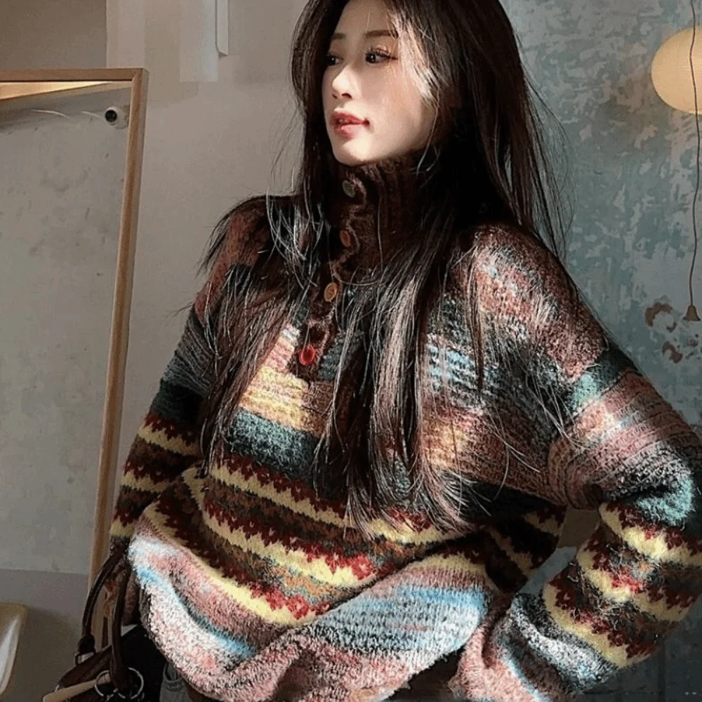 

Leisure Long Sleeve Knit Sweater Women Loose Soft Colorfult Crochet Knitwear Sweet Retro Sweet Girl's Pullover Spring/Winter