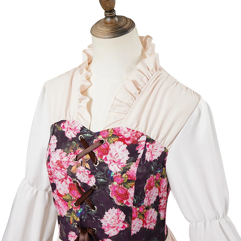 Women's Renaissance Irish Dresses Medieval Victoria Peasant Dress Pirate Costume Wench Retro Gown Smocked Waist Maxi Long Dress