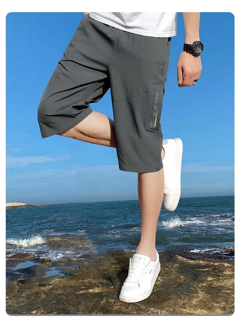 Shorts masculinos de trabalho, calças na altura do joelho, bolsos com zíper, shorts de verão, caminhadas, corrida, cintura elástica, shorts casuais